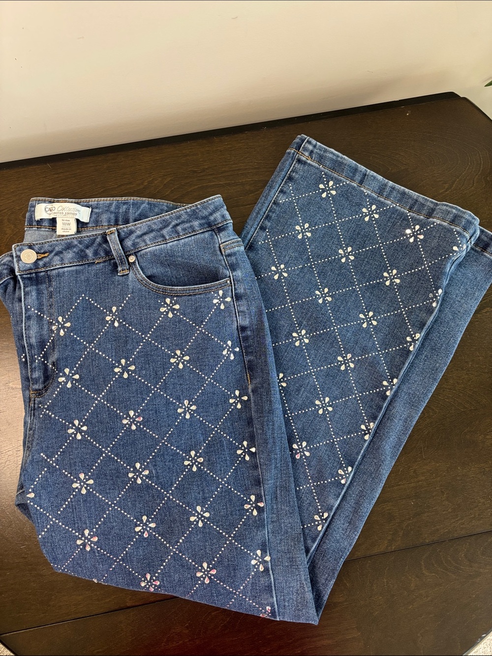 C&C California Blue Embellished Diamond-Grid Wide Leg Jeans Size 18